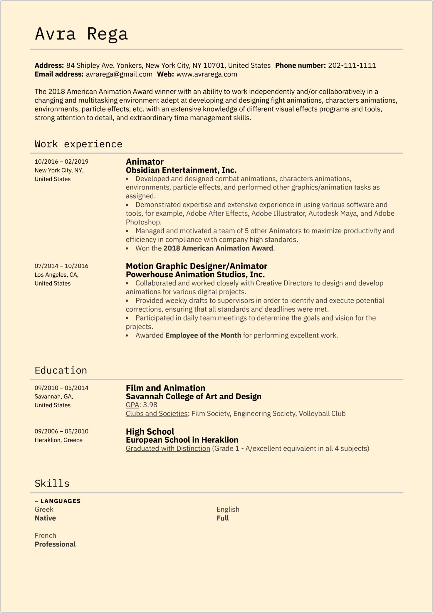 Animation And Media Professional Summary Resume Examples