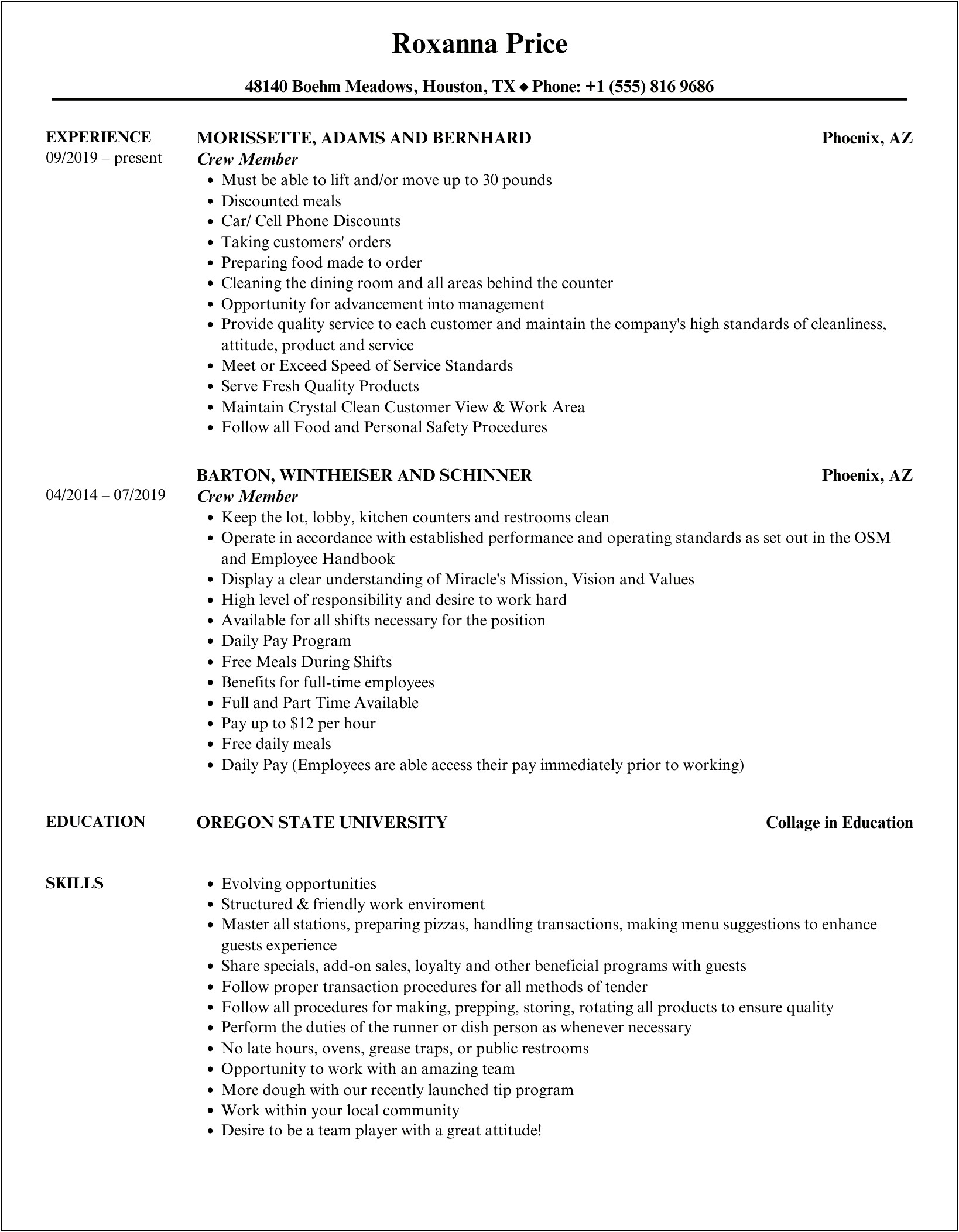 Another Word For Crew Member Resume