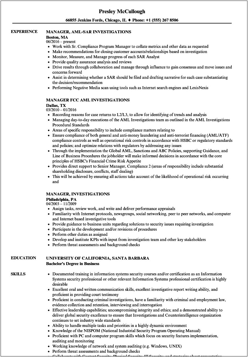 Anti Money Laundering Investigator Resume Sample