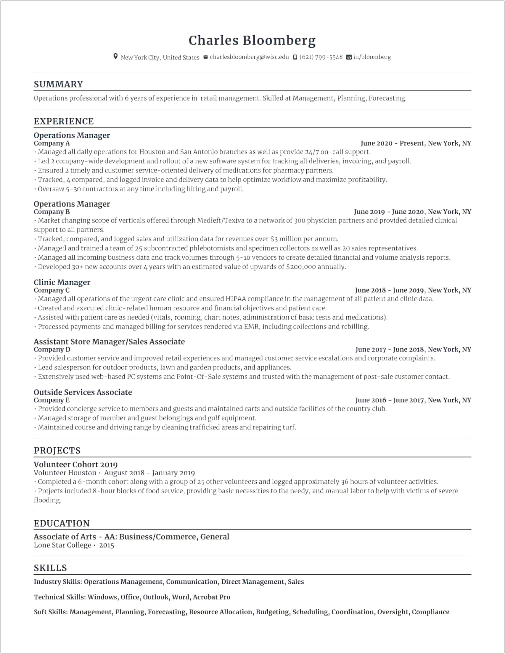 Area Of Expertise Resume Operations Manager