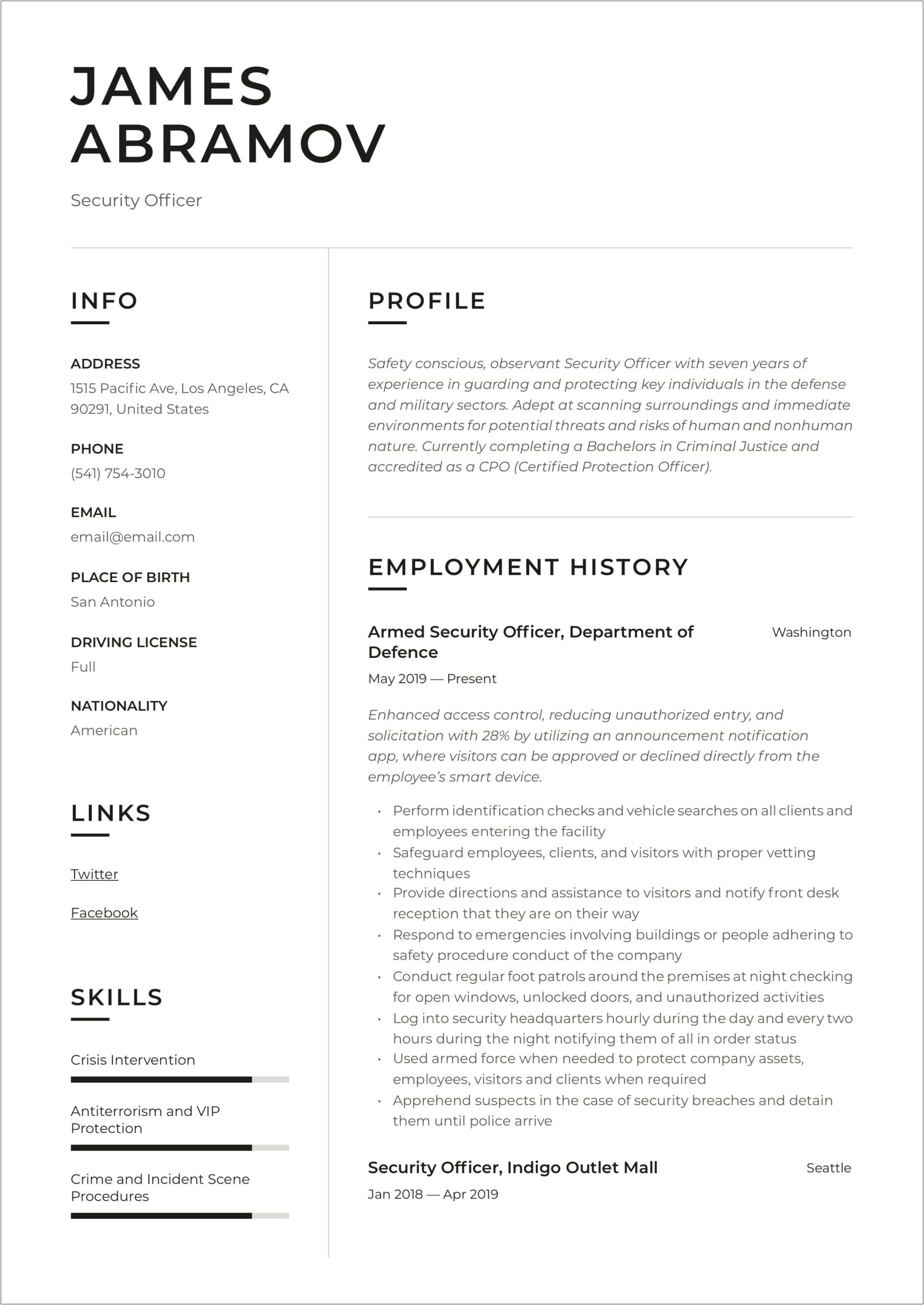 Armed Security Job Duties For Resume