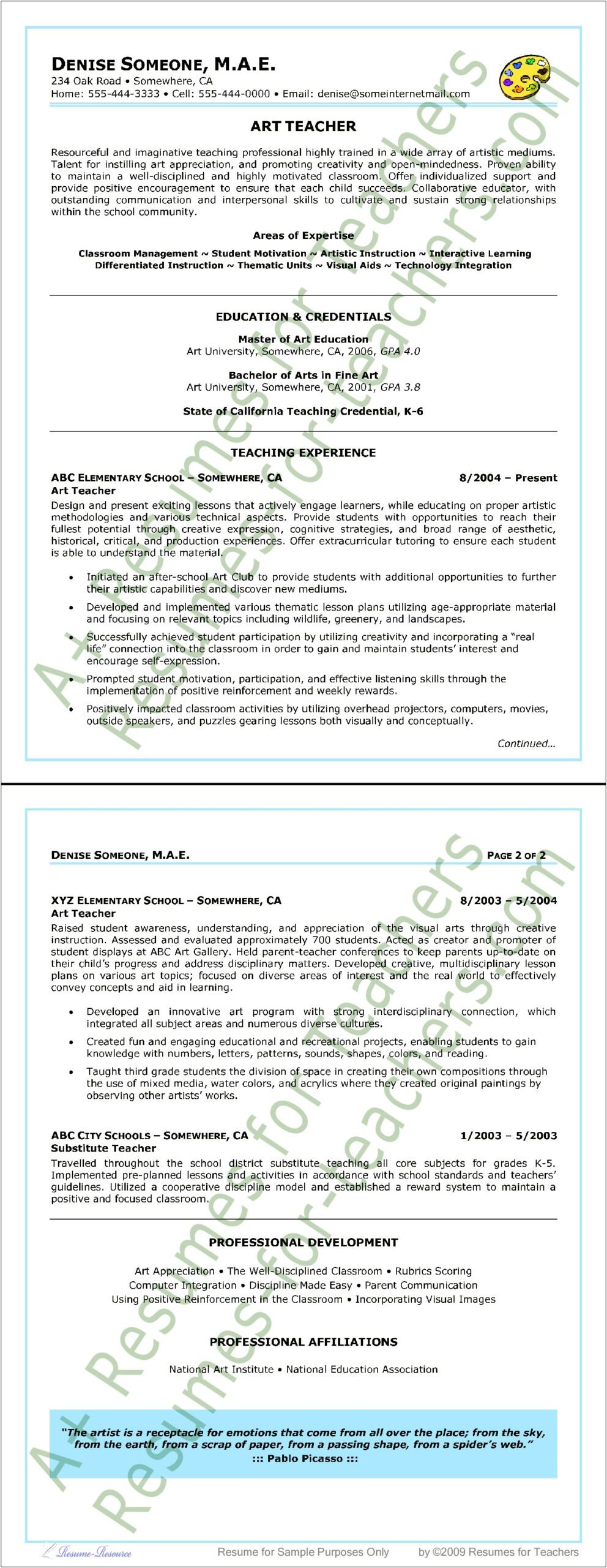 Art Teacher Resume Download Free Text