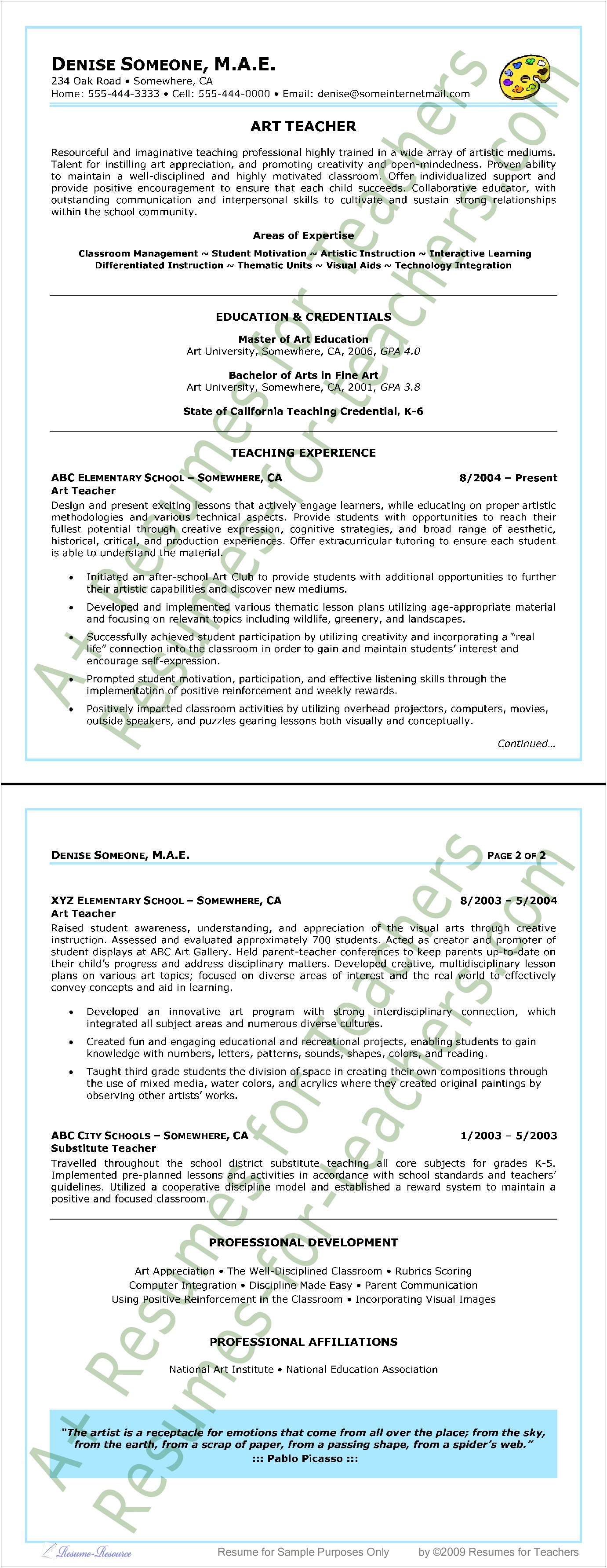 Art Teacher Resume Download Free Text