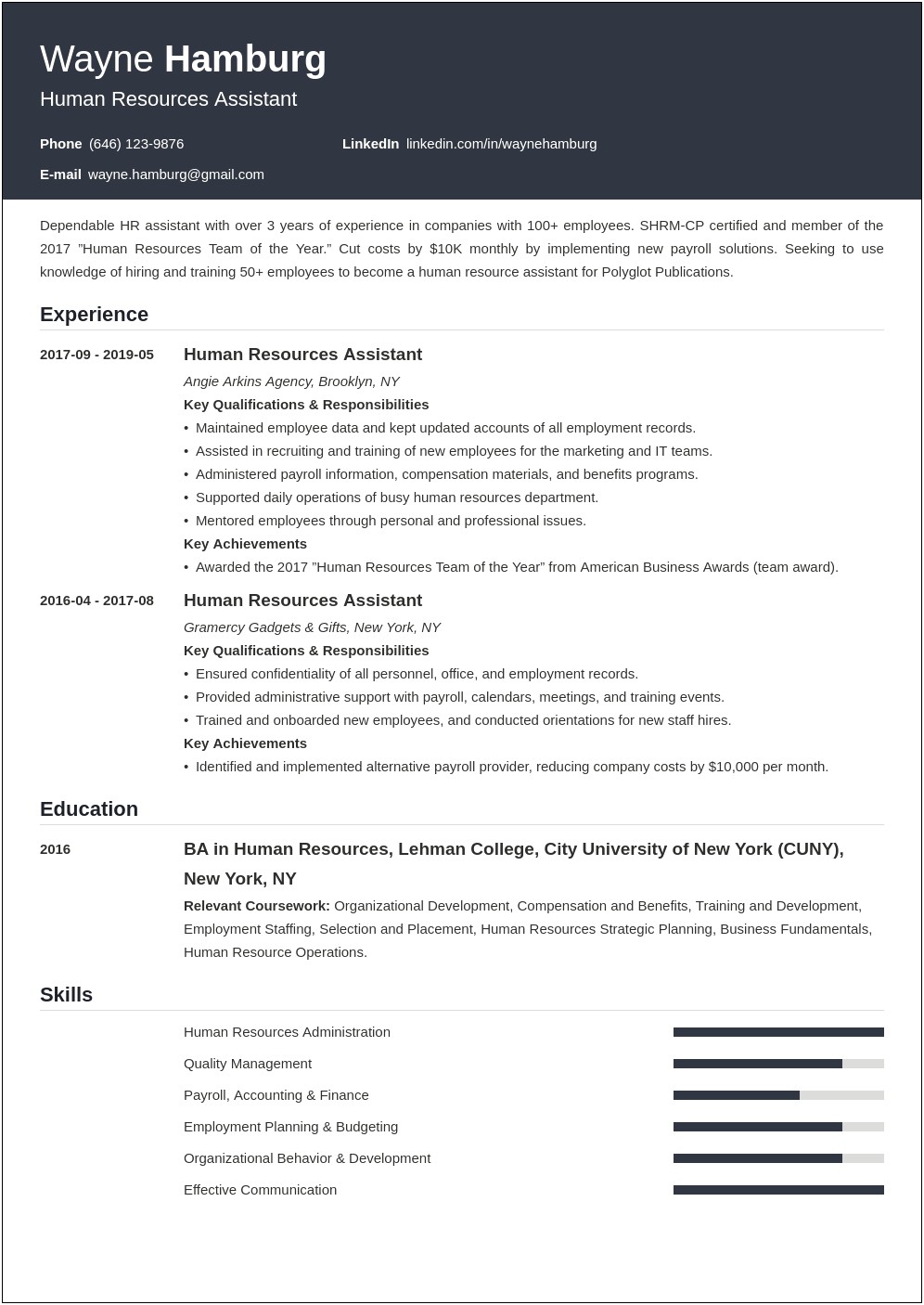 Ass Hr Duties Samples For Resume