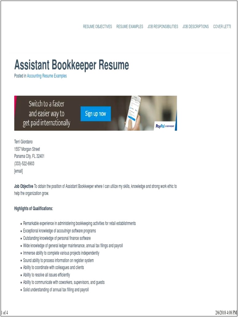 Assistant Bookkeeper Job Description For Resume