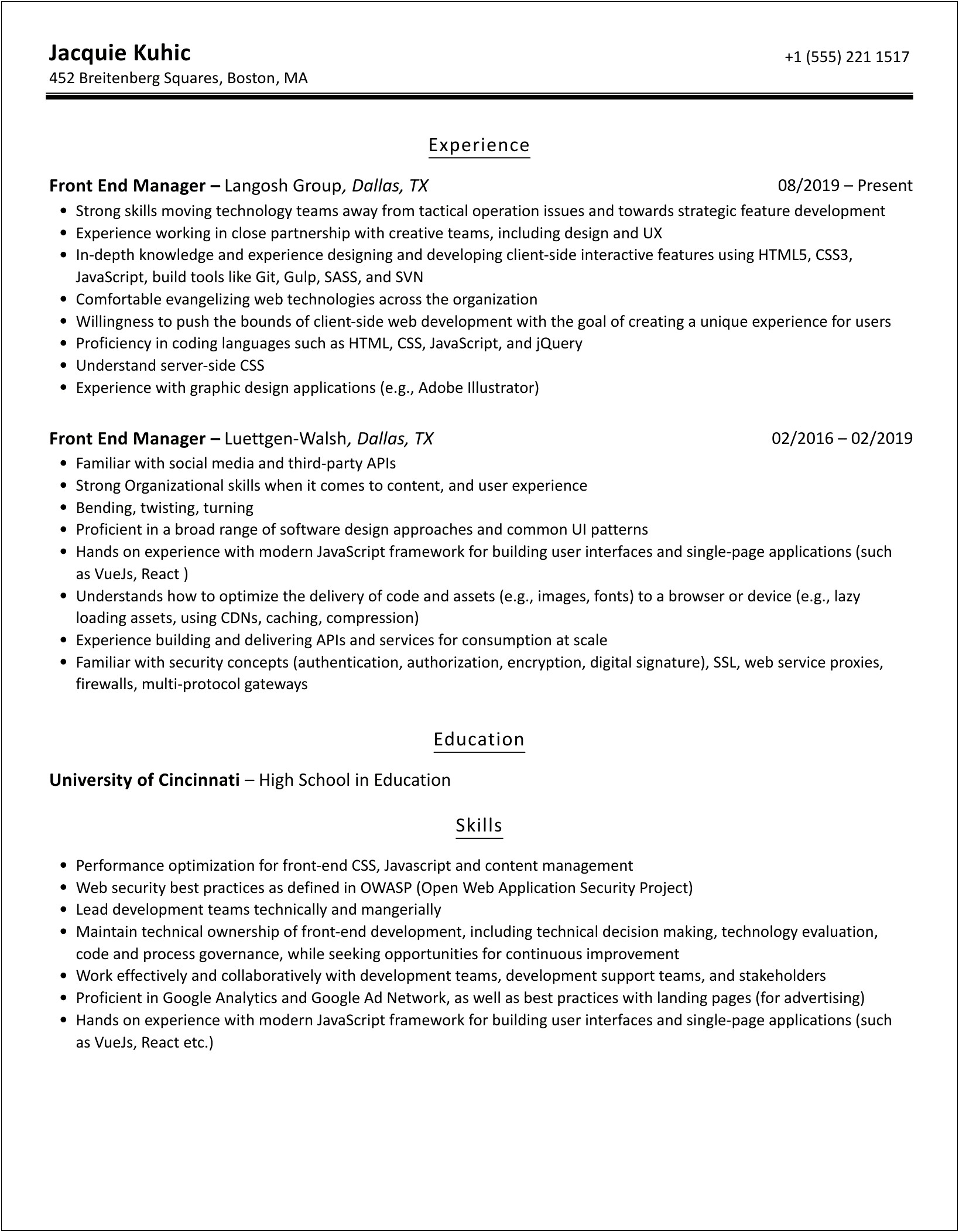 Assistant Front End Manager Job Resume