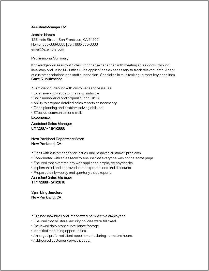 Assistant Manager Skills And Abilities Resume