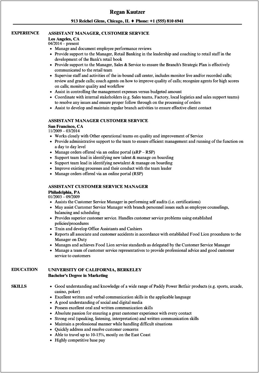 Assistant Service Manager Job Description Resume