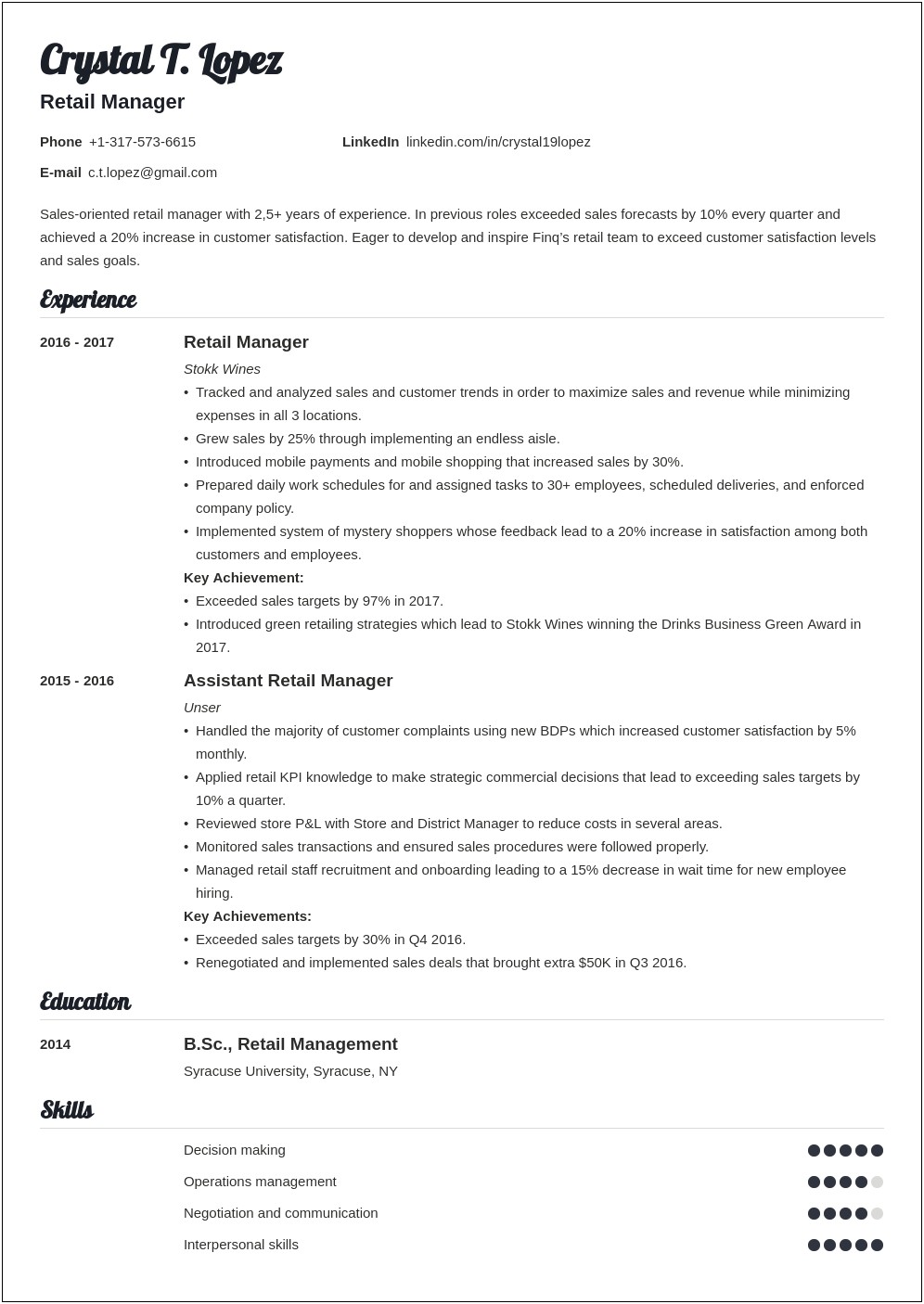 Assistant Store Manager Skills For Resume