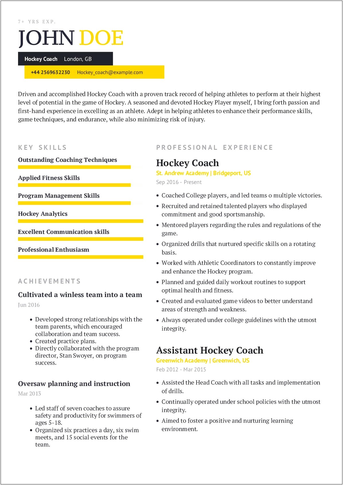 Assistant Swim Coach Resume Job Description