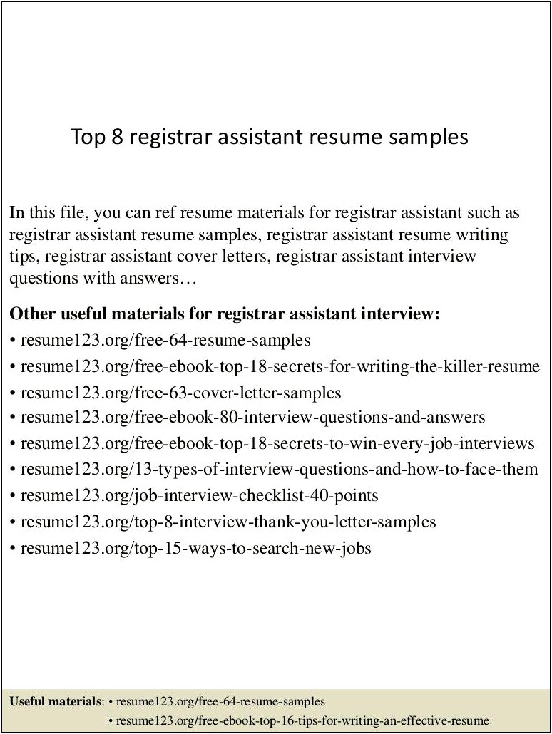 Assistant To The Registrar Resume Example