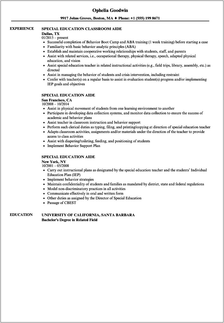 Autistic Teacher Job Description For Resume