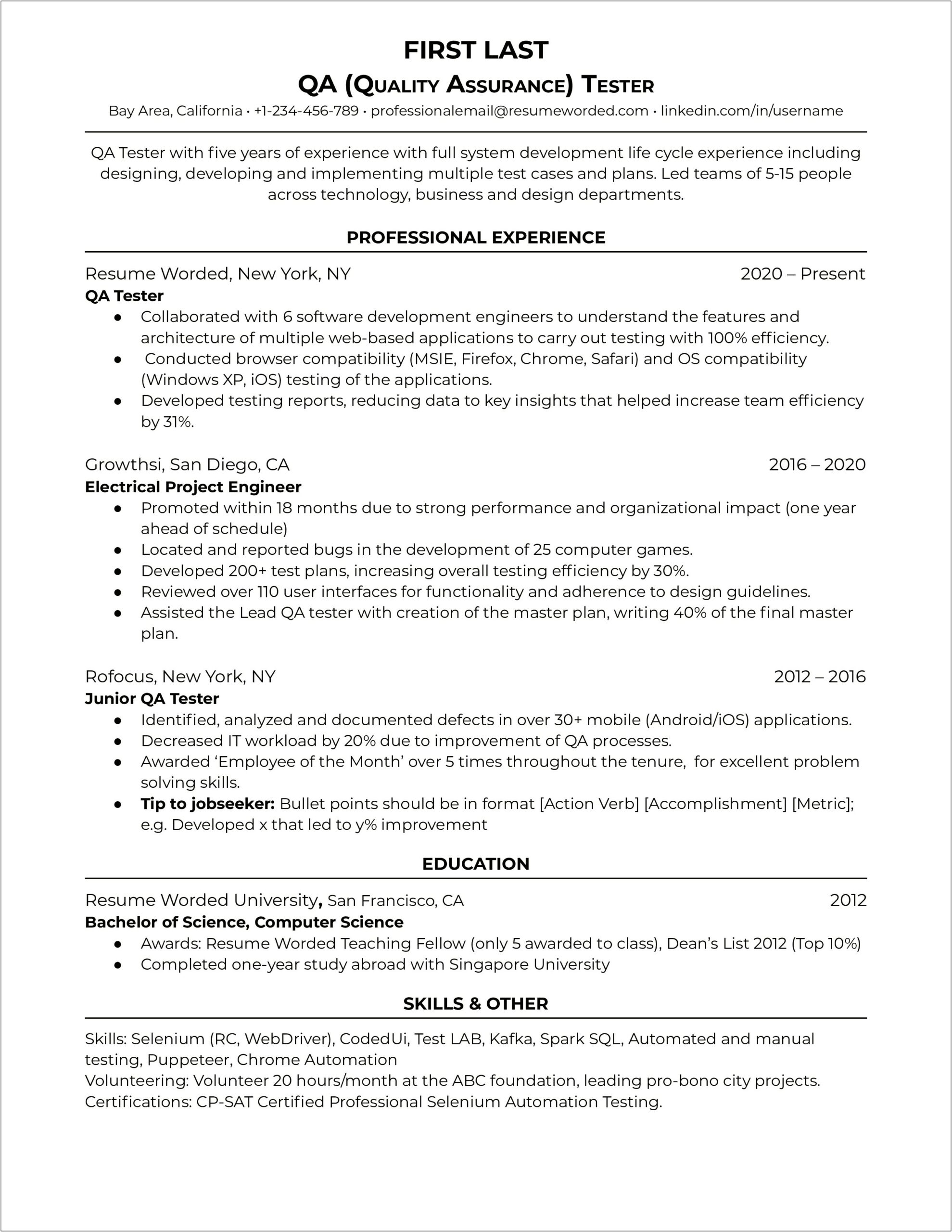 Automation Testing Resume For 10 Years In Experience