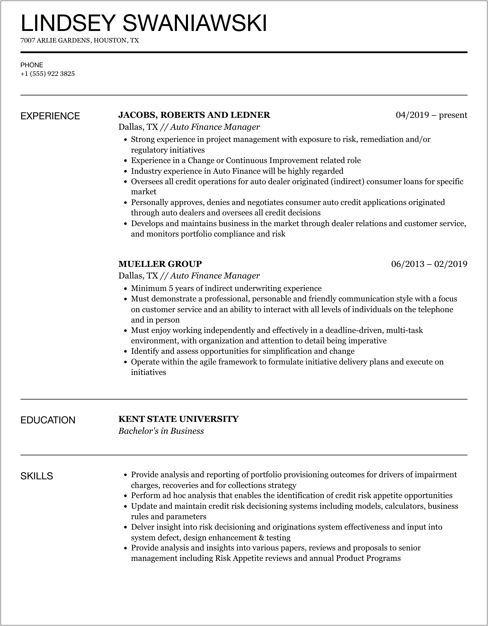 Automotive Finance And Insurance Manager Resume