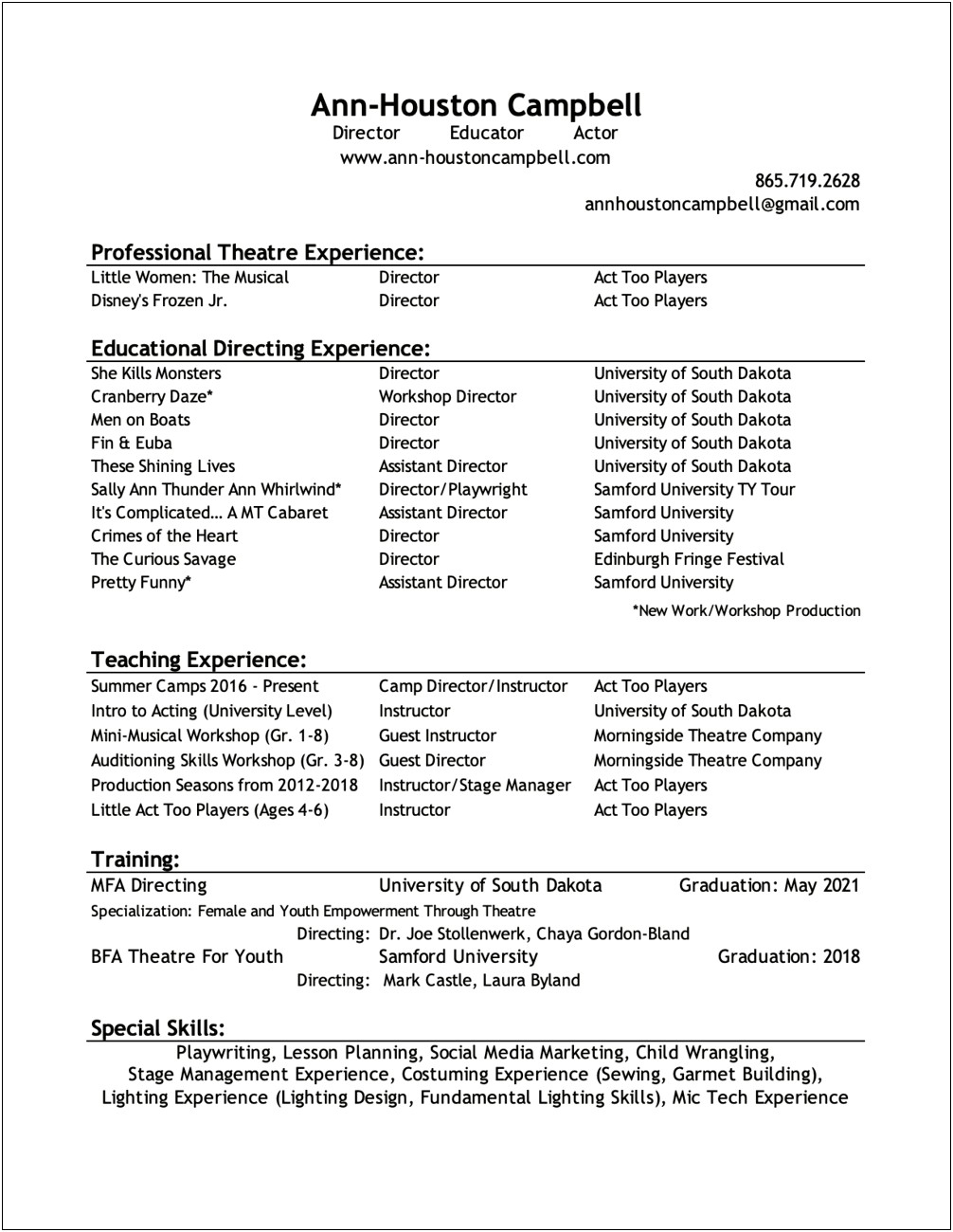 Available On Request Theatre Resume Special Skills