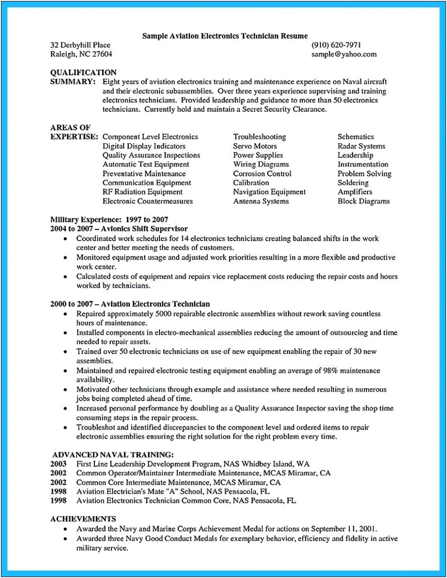 Avionics Technician Resume Summary Of Qualifications