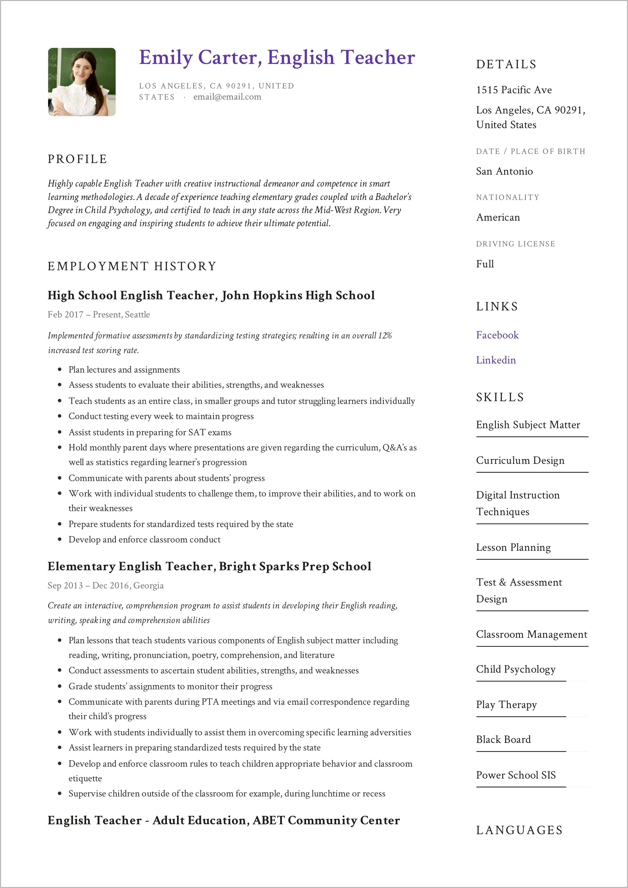 B.a English Literature Sample Resume