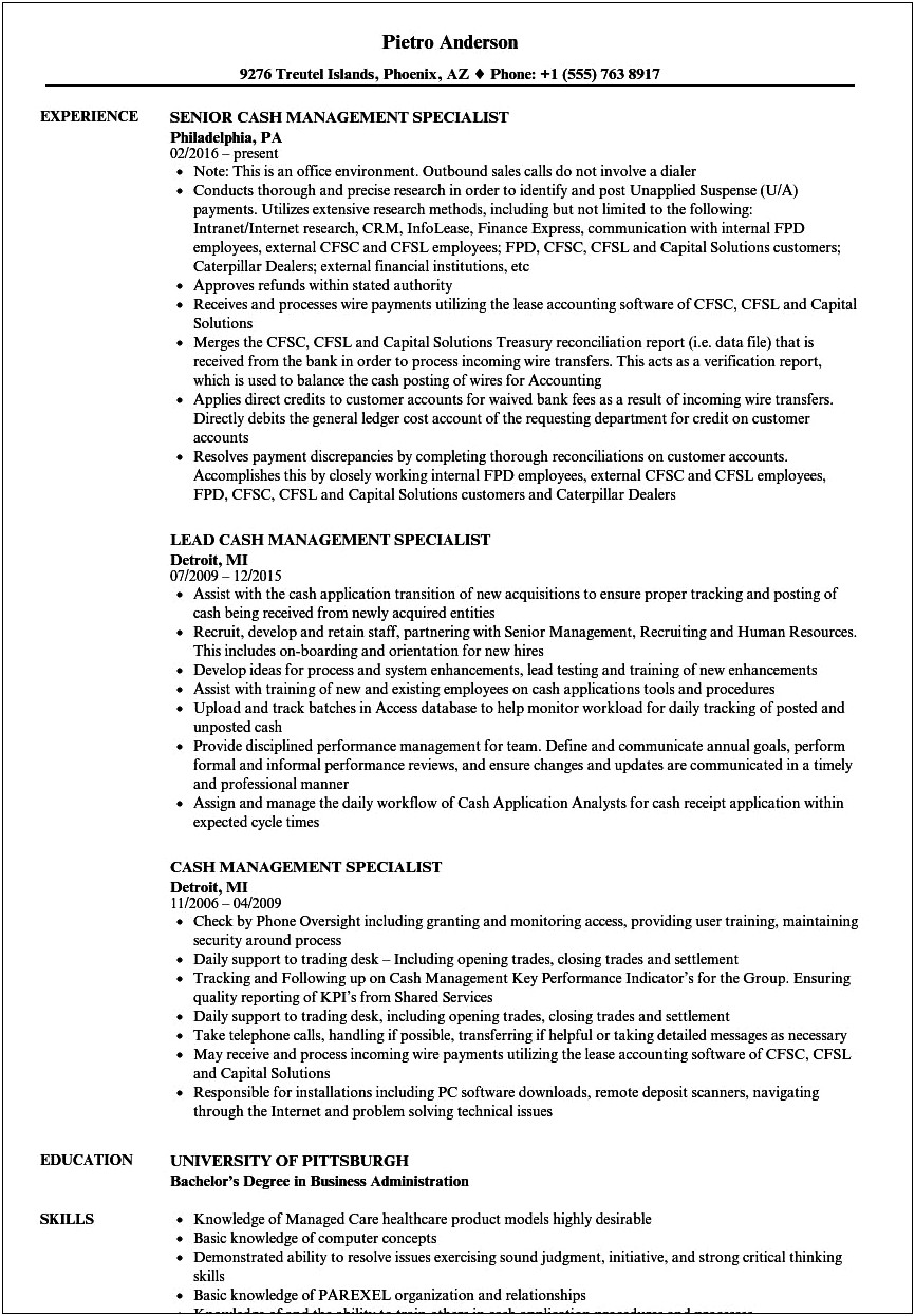 Ba With Cash Management Experience Resume