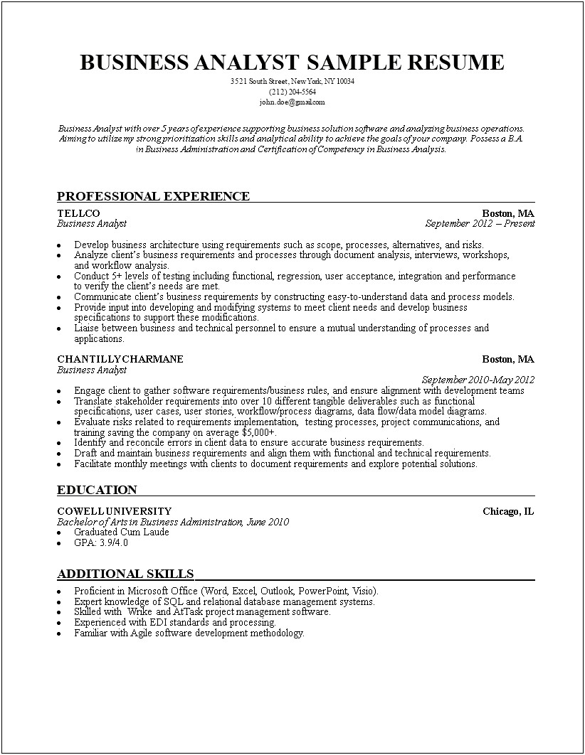 Bachelor Of Arts In Business Management Resume