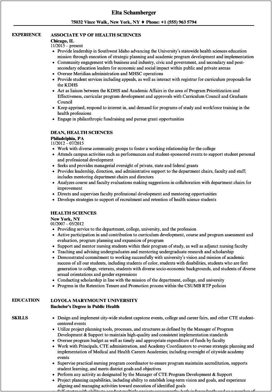 Bachelor Of Health Sciences Description In Resume