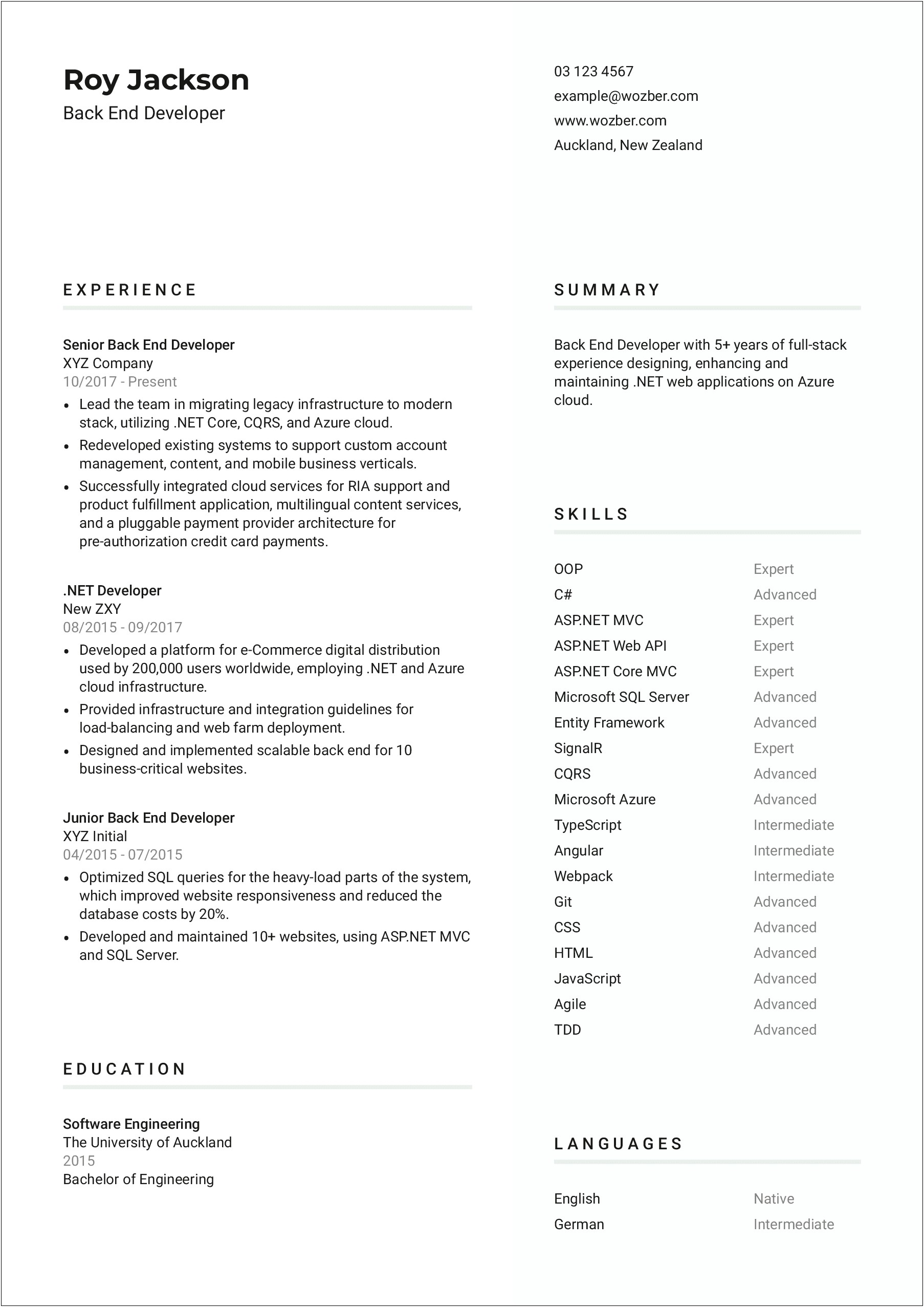 Back End Developer Resume Sample Doc