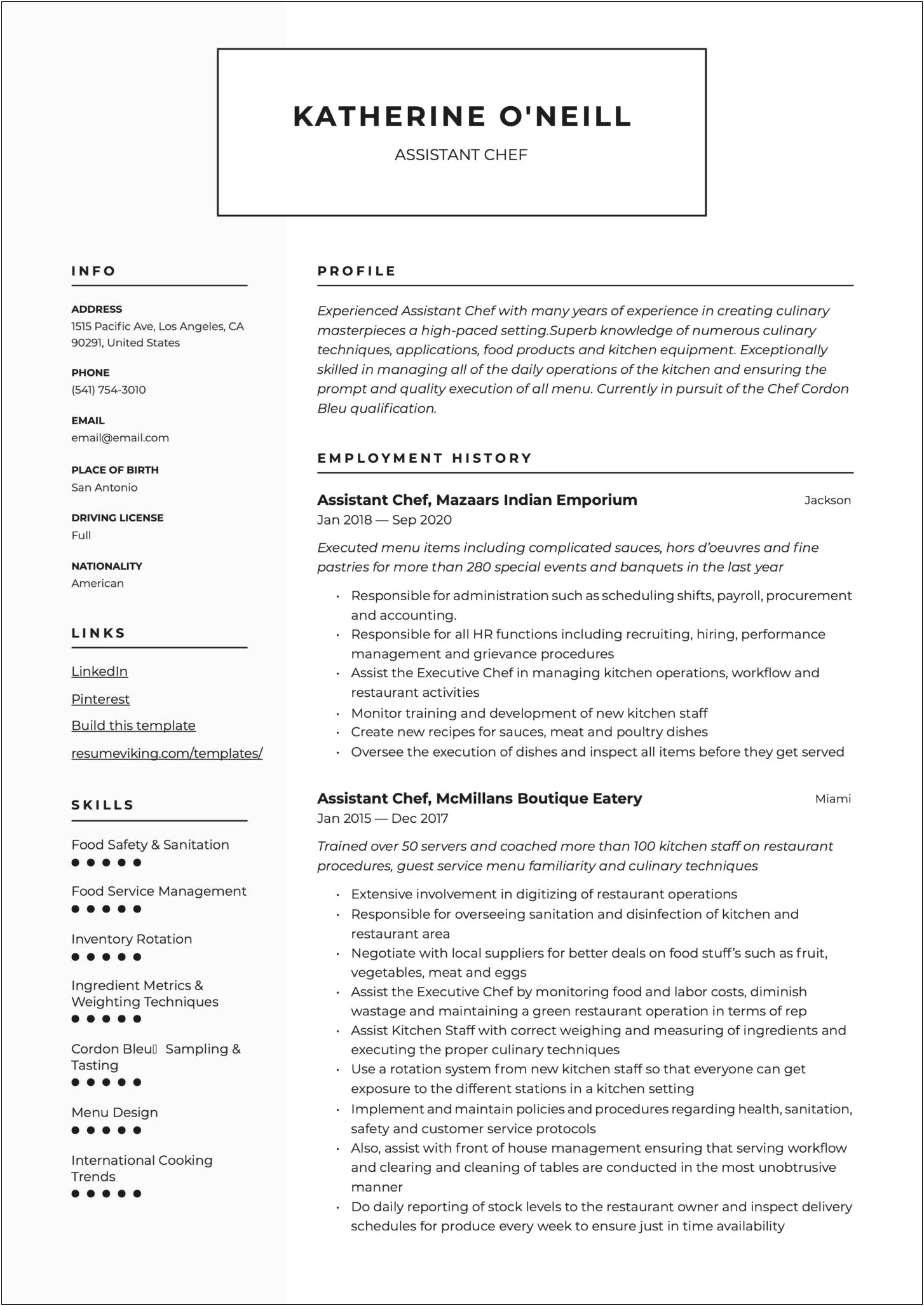 Bakery And Cooking Assistant Resume Sample