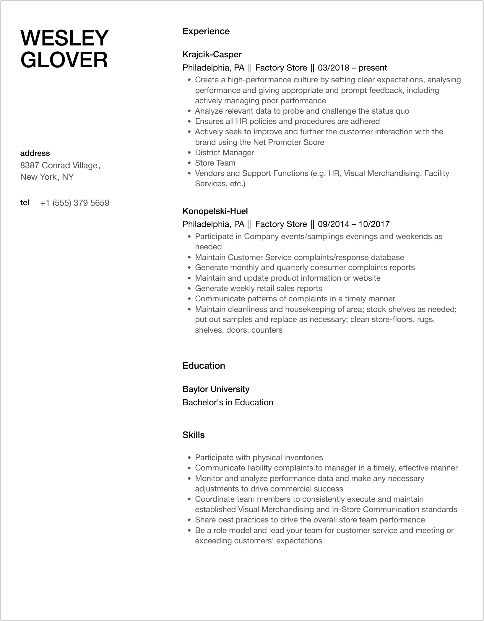 Banana Republic Assistant Store Manager Resume