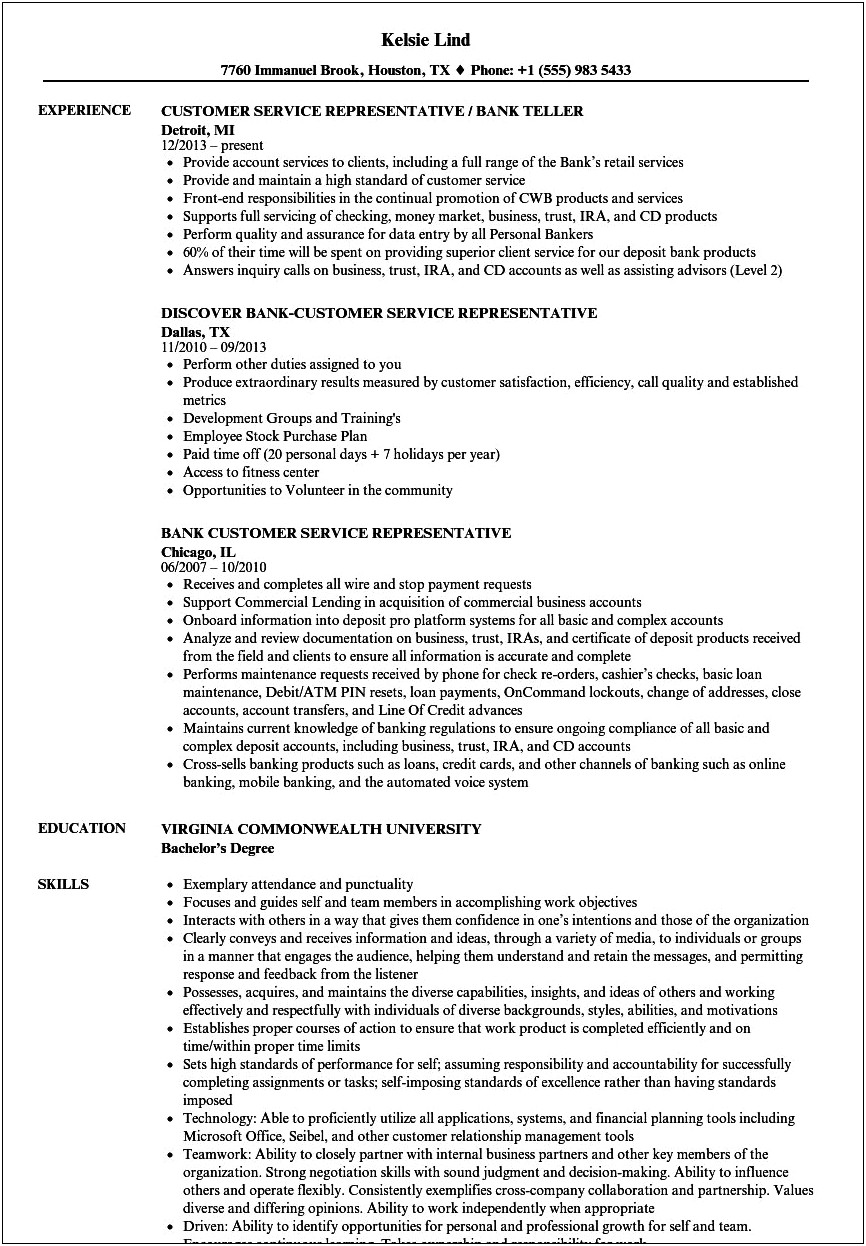 Bank Customer Service Job Description Resume