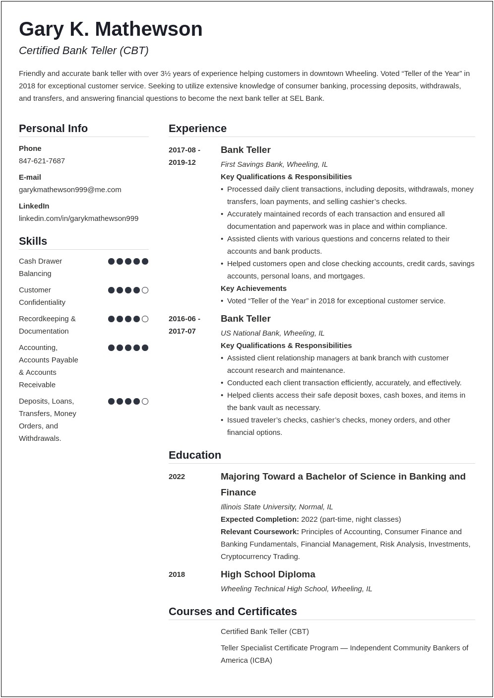Bank Teller Resume With No Banking Experience