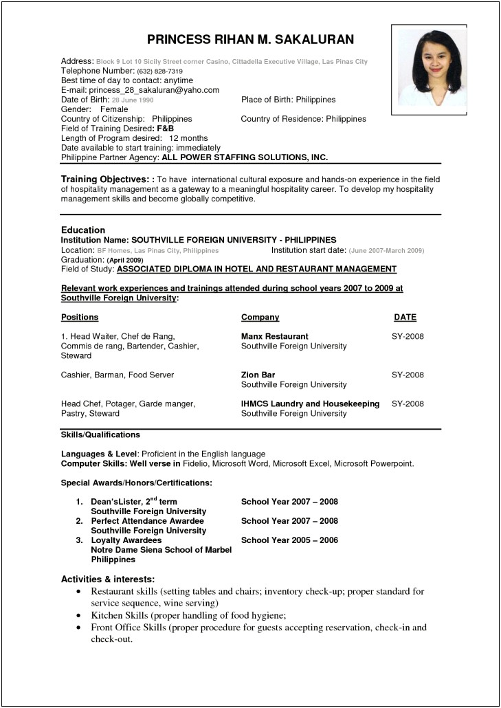 Basic Resume Examples Laundry Attendant At Hotel