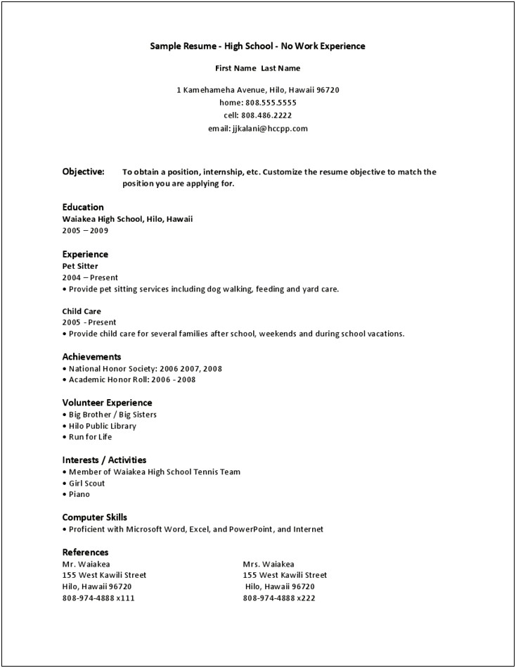 Basic Resume Samples For Highschool Student Sample