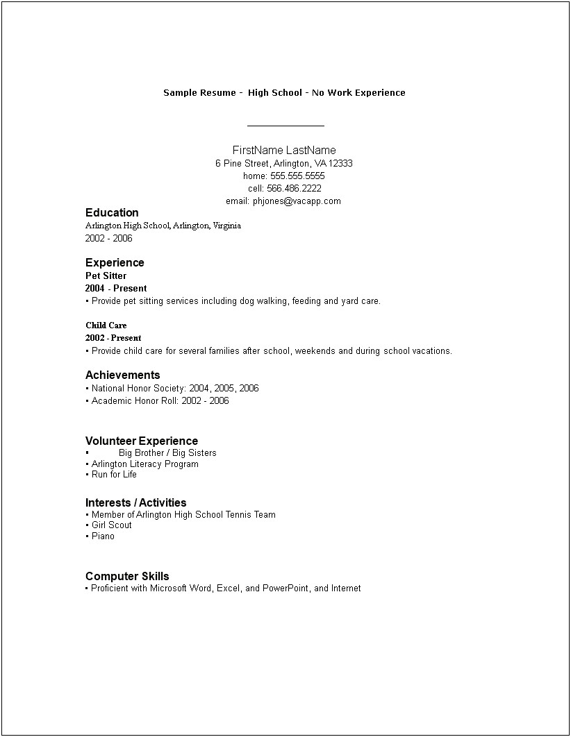 Basic Sample Resume For No Experience