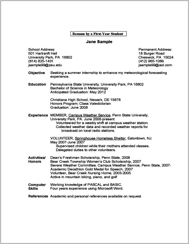 Basic Sample Resume Of A Highschool Student