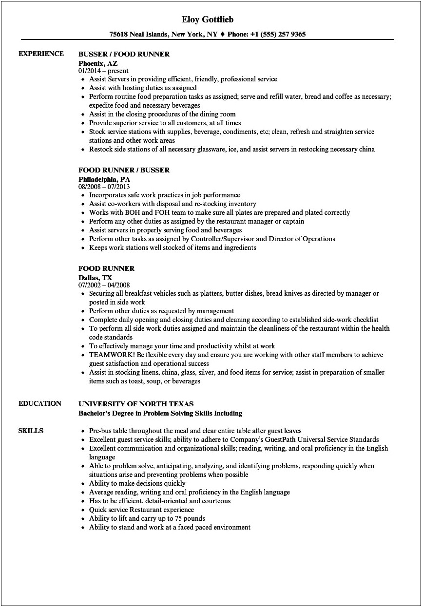 Beer Runner Job Description Large Venue Resume