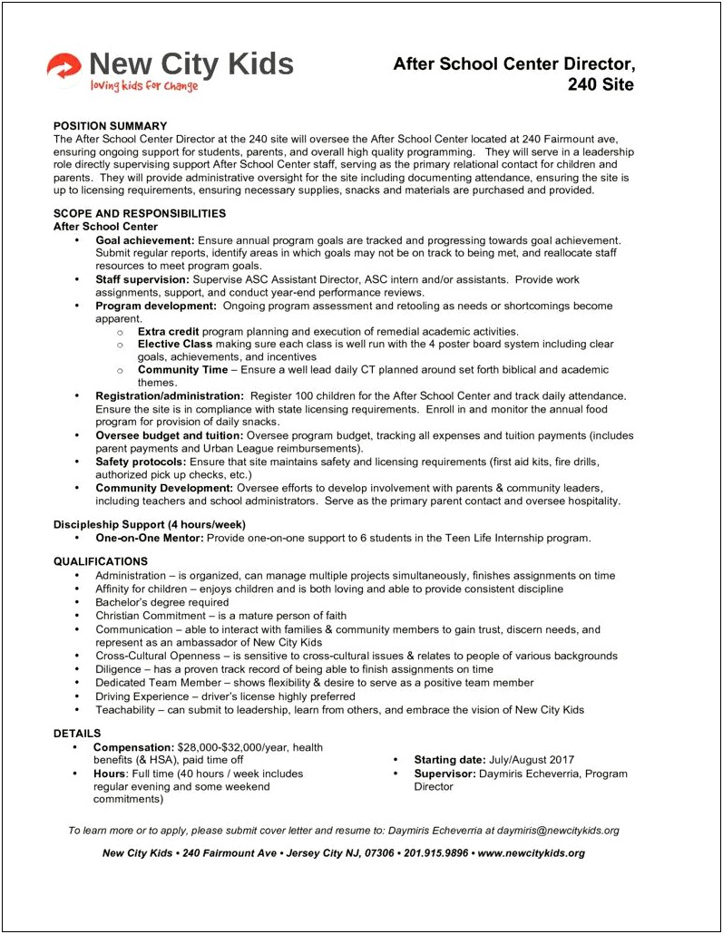 Before And After School Program Resume