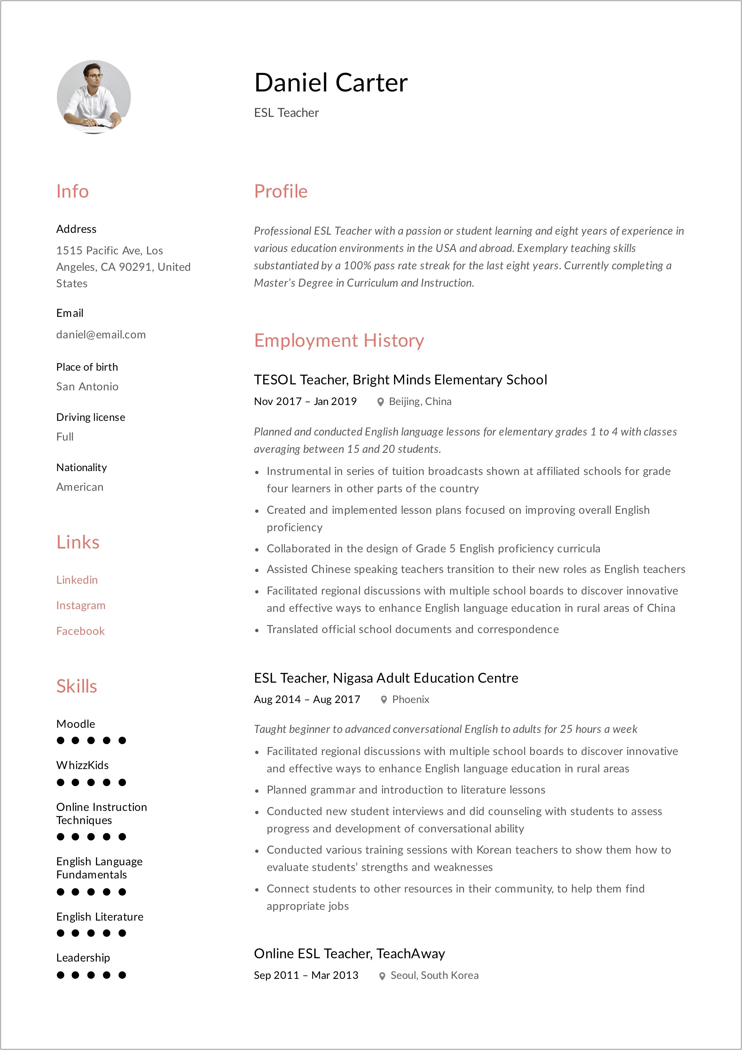 Beginner Tefl Resume Examples No Experience