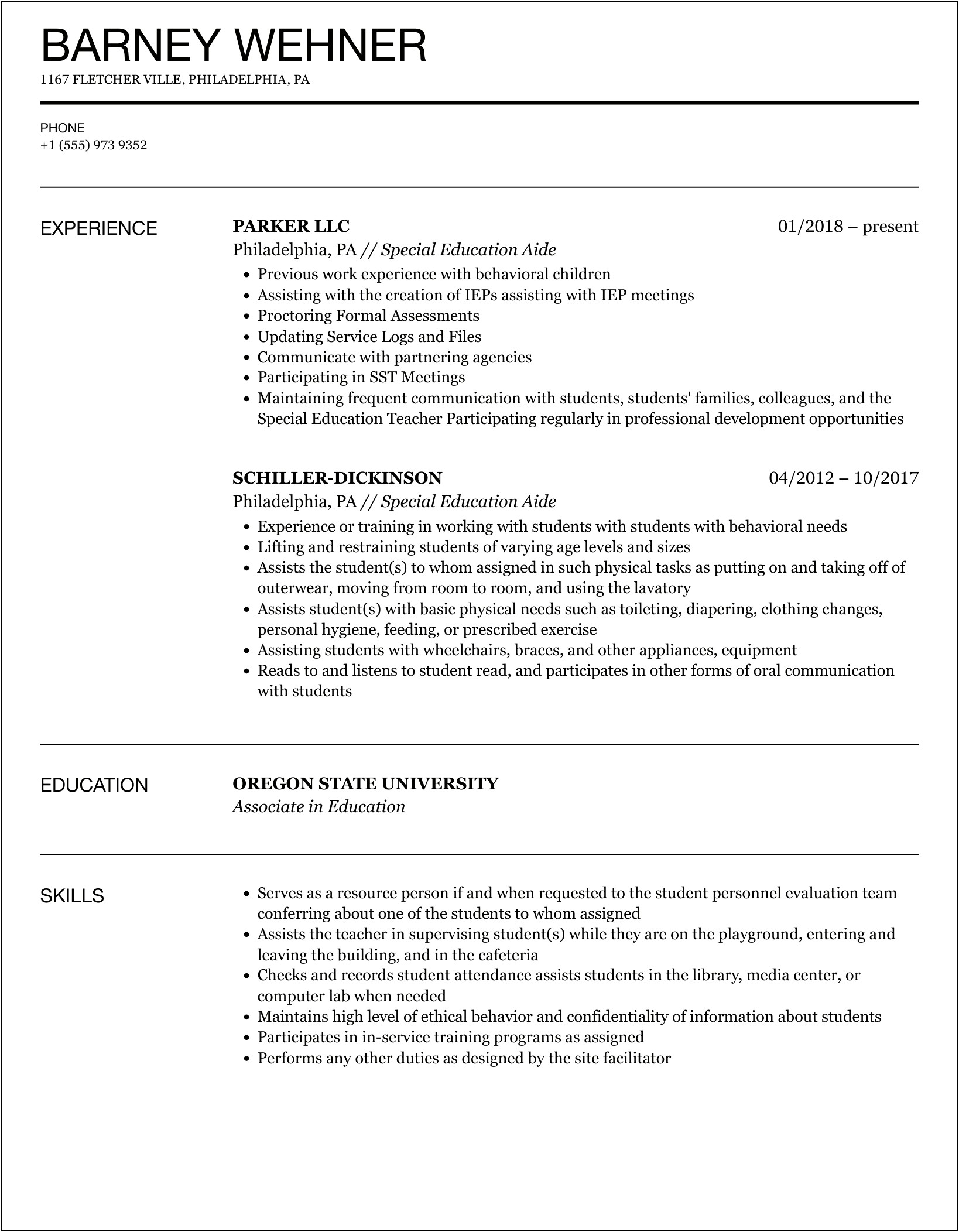 Behavioral Adjustment Special Ed Para Resume Sample