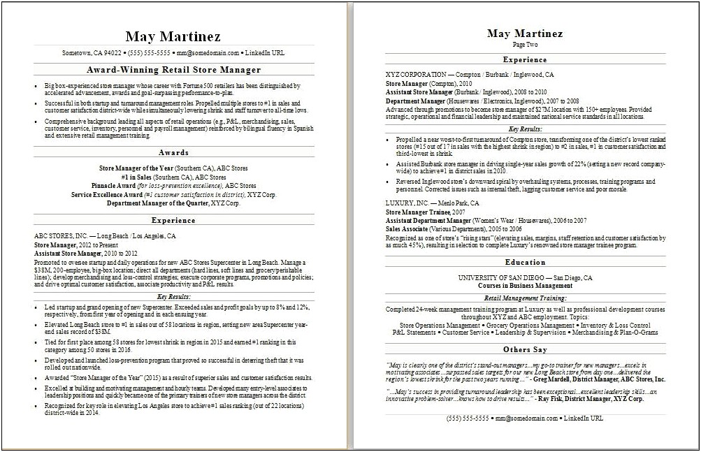 Best Examples Of A Resume For Retail Manager