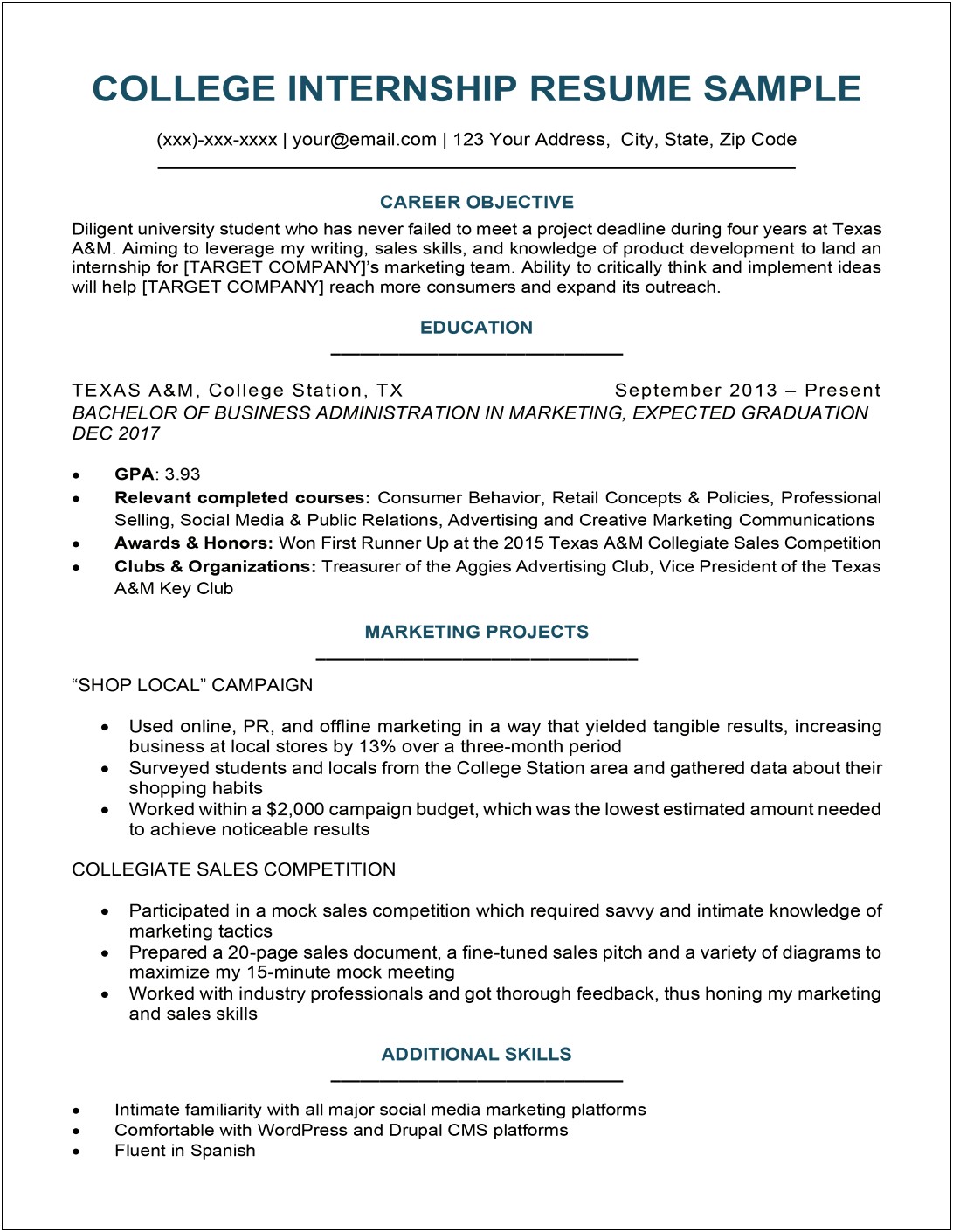 Best On Campus Employment Student Resume