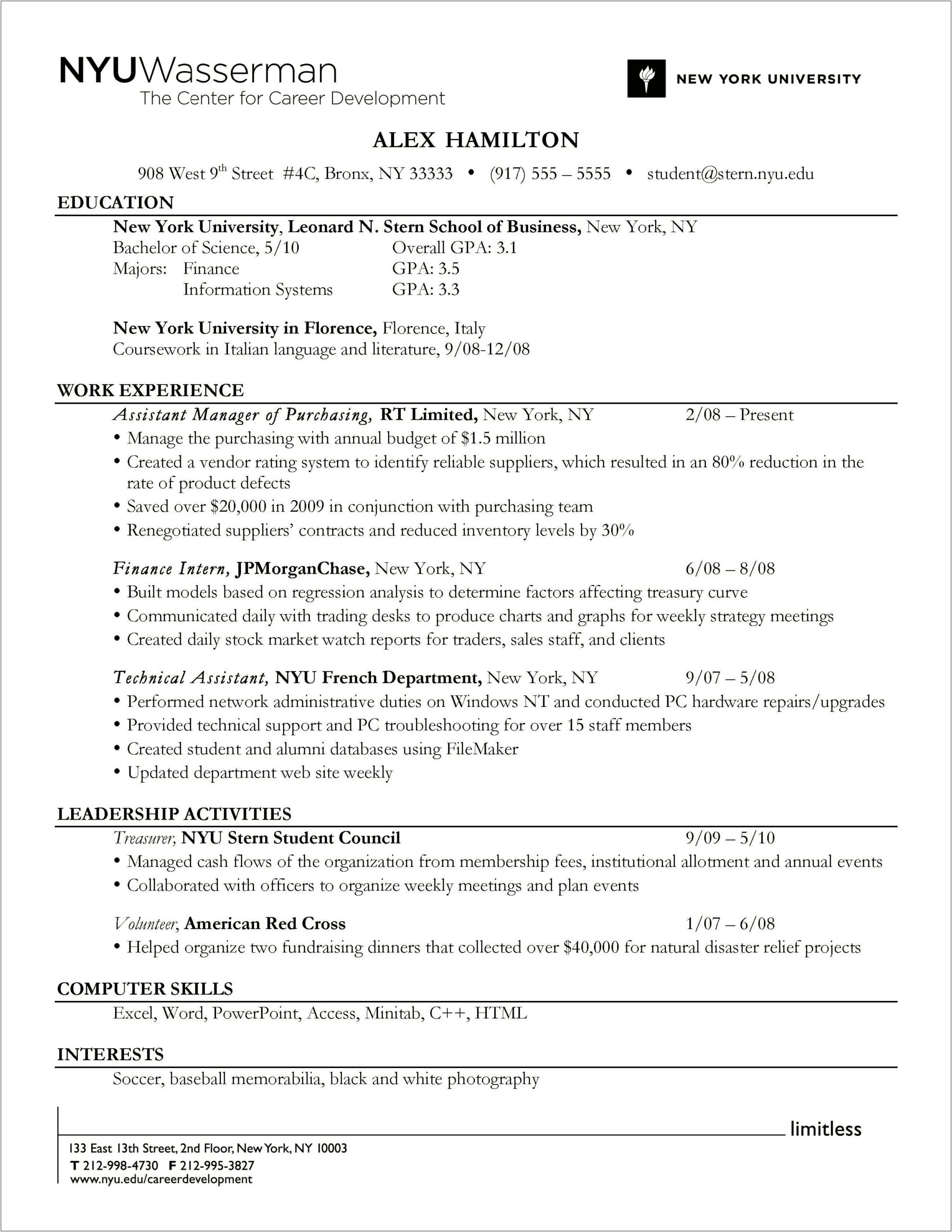 Best One Page Resume For Freshers