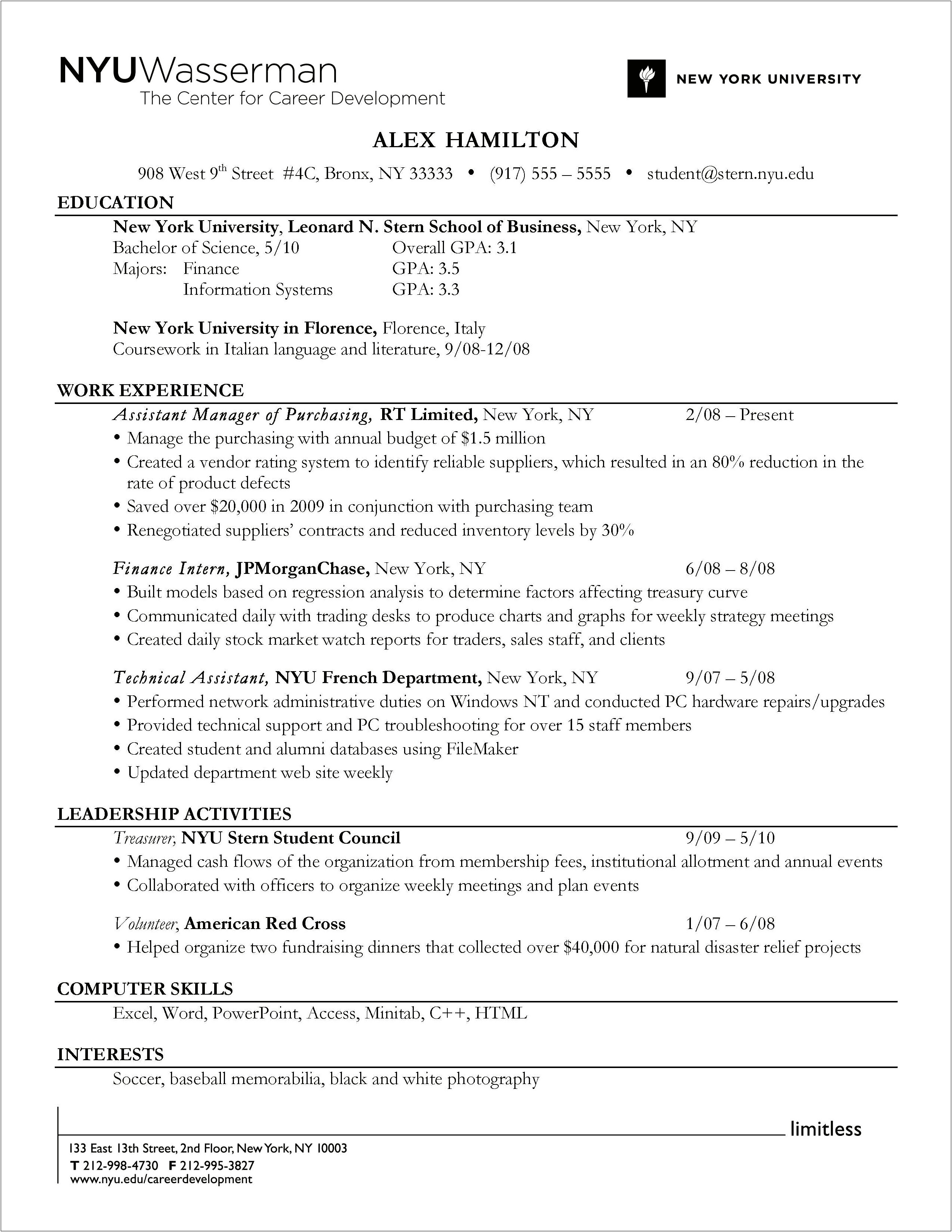 Best One Page Resume For Freshers