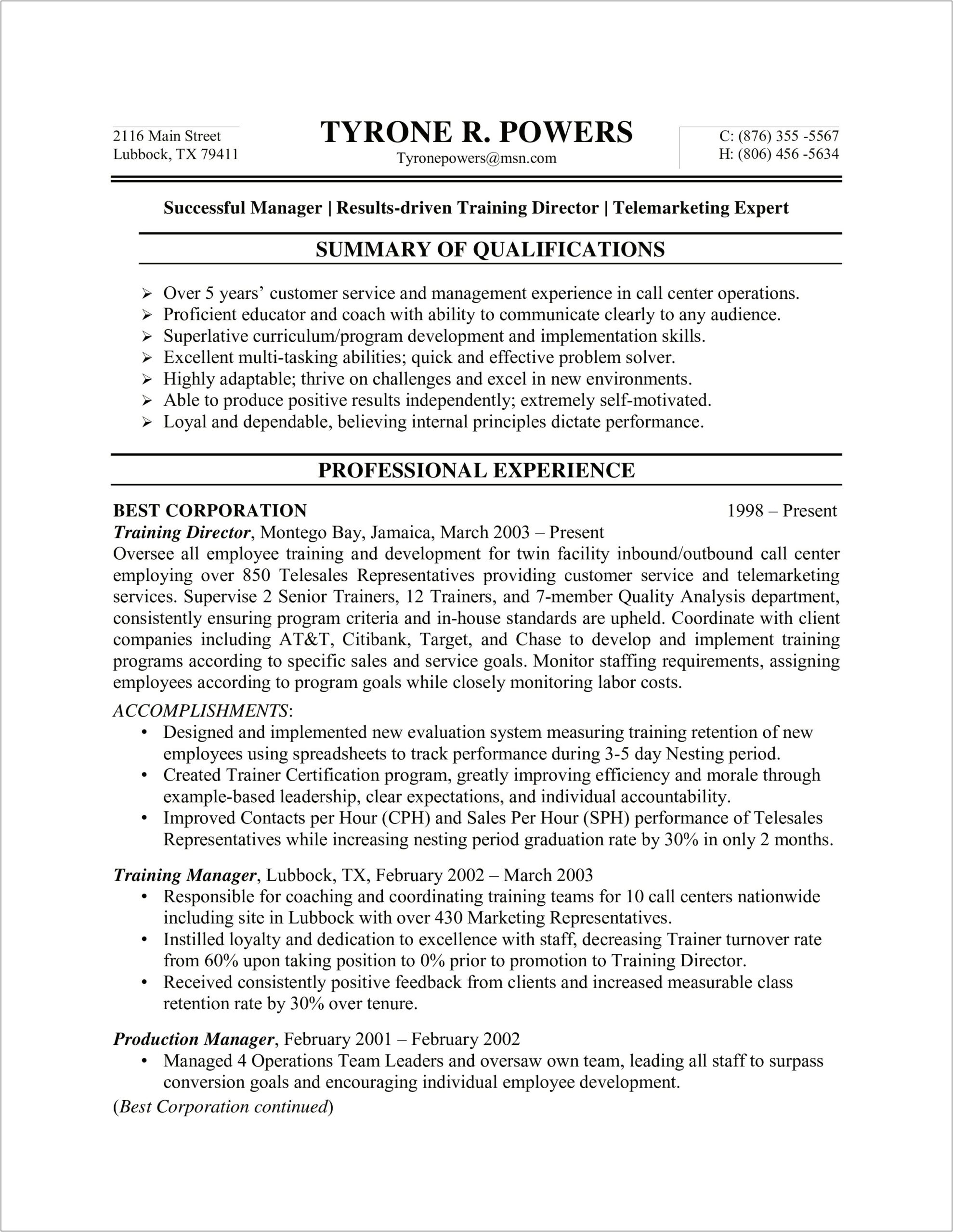 Best Resume Format For Customer Service