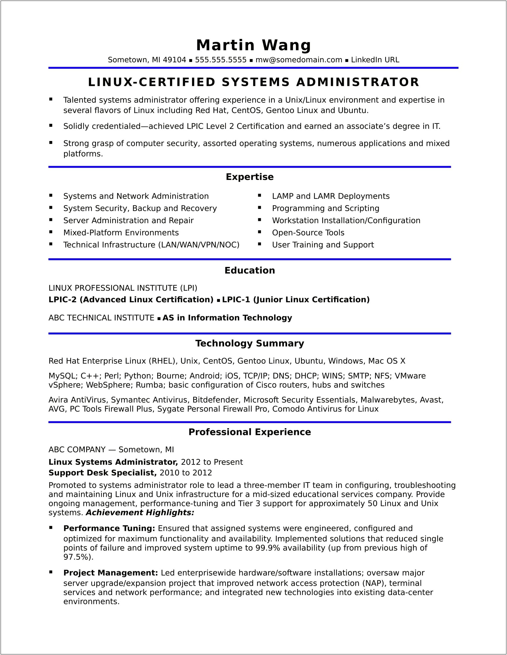 Best Resume Format For Experienced System Administrator