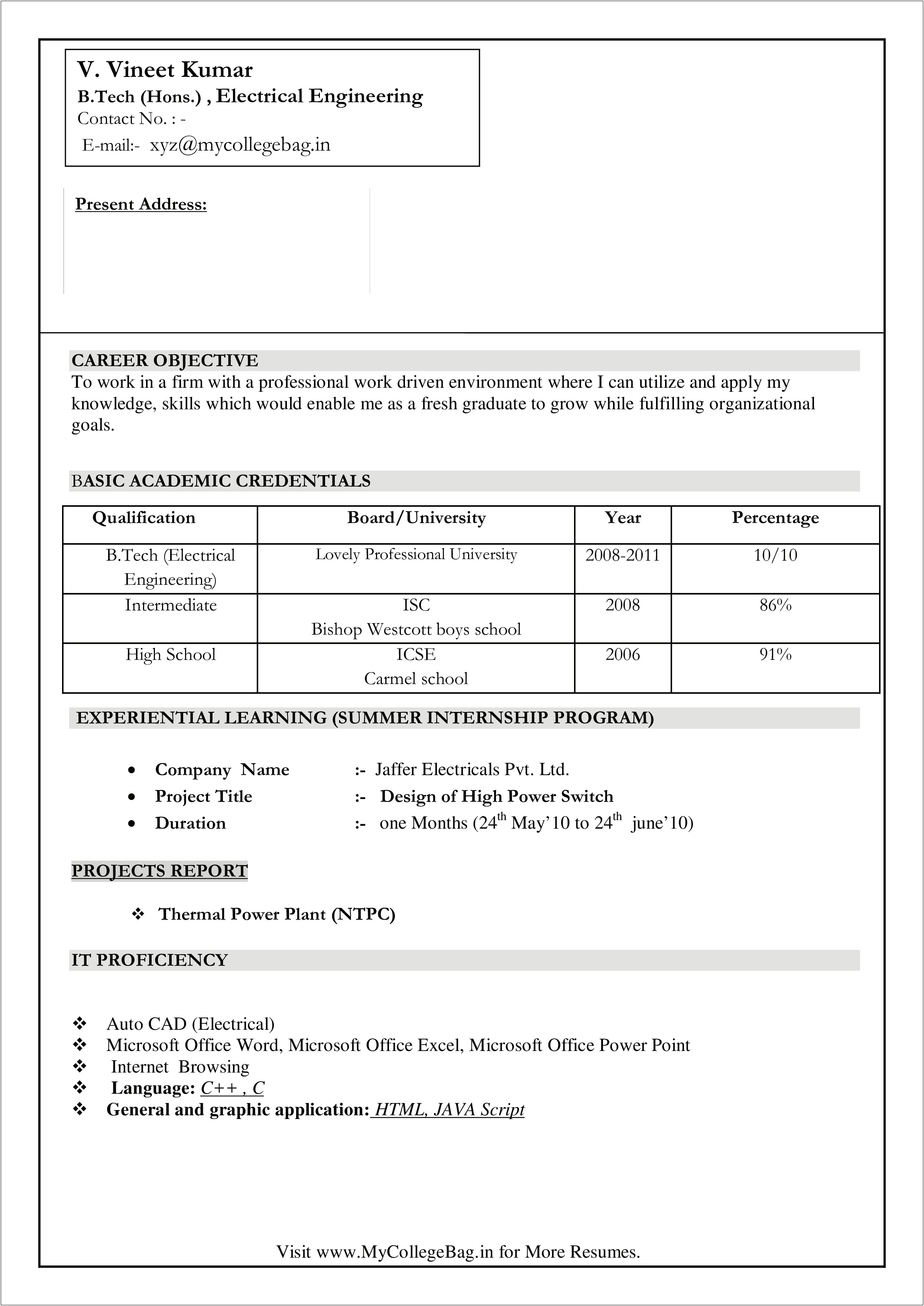 Best Resume Format For Freshers Electrical Engineers