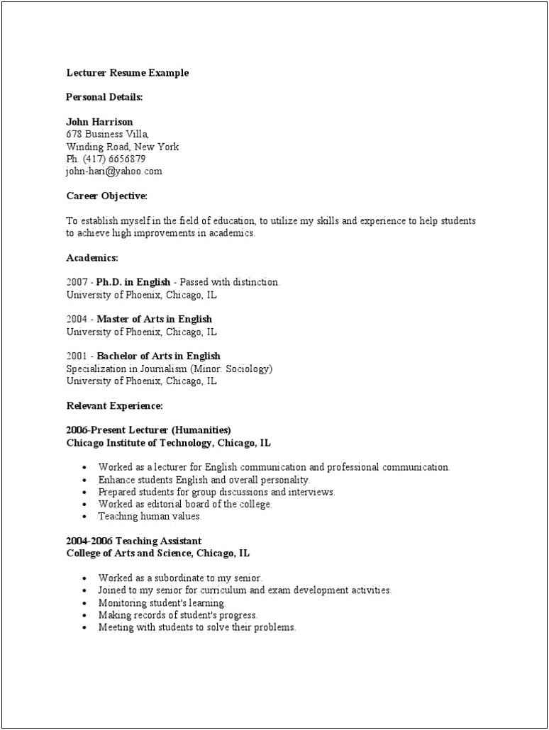Best Resume Format For Lecturer Post