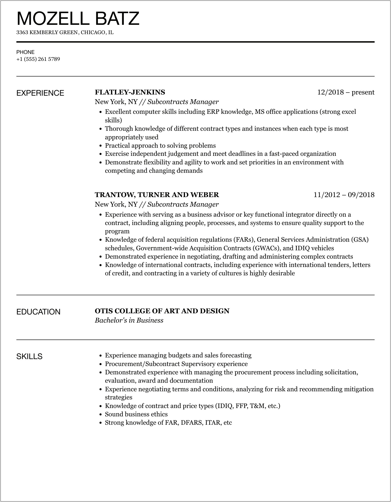 Best Resume Objectives For Subcontract Manager