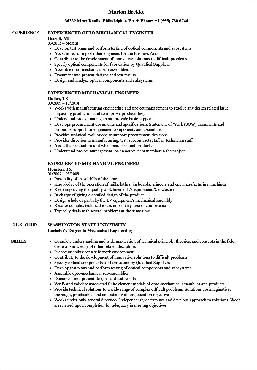 Best Sample Resumes For Mechanical Engineers