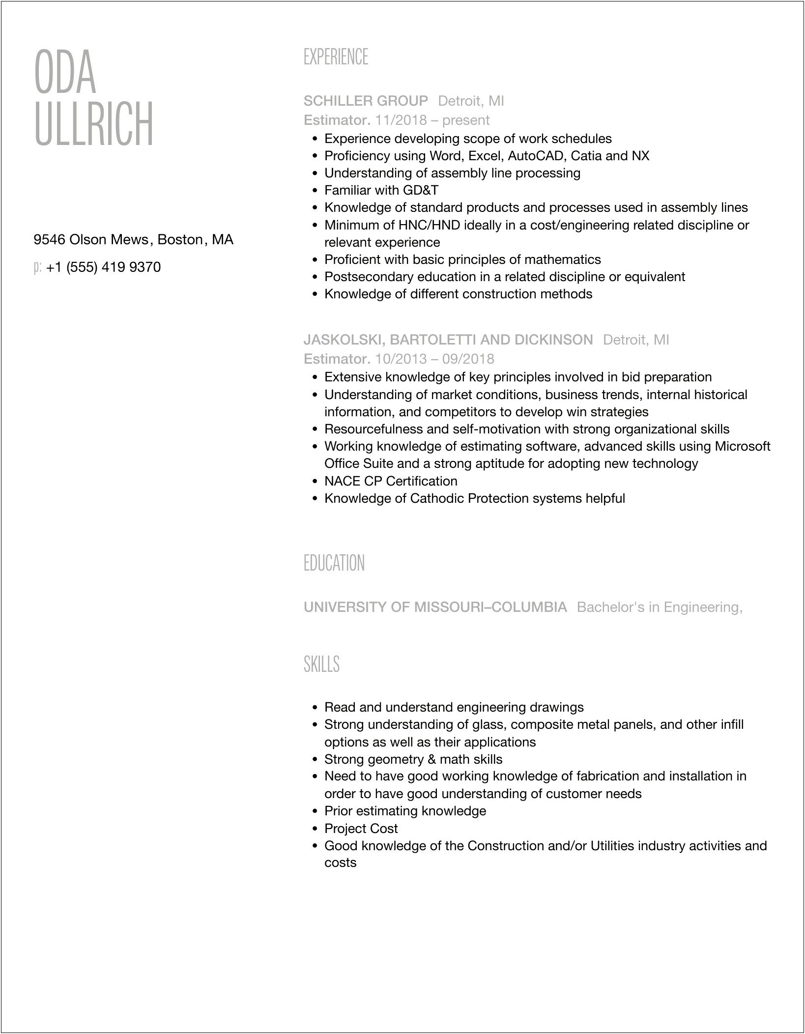 Best Skills Section For Collision Estimator On Resume