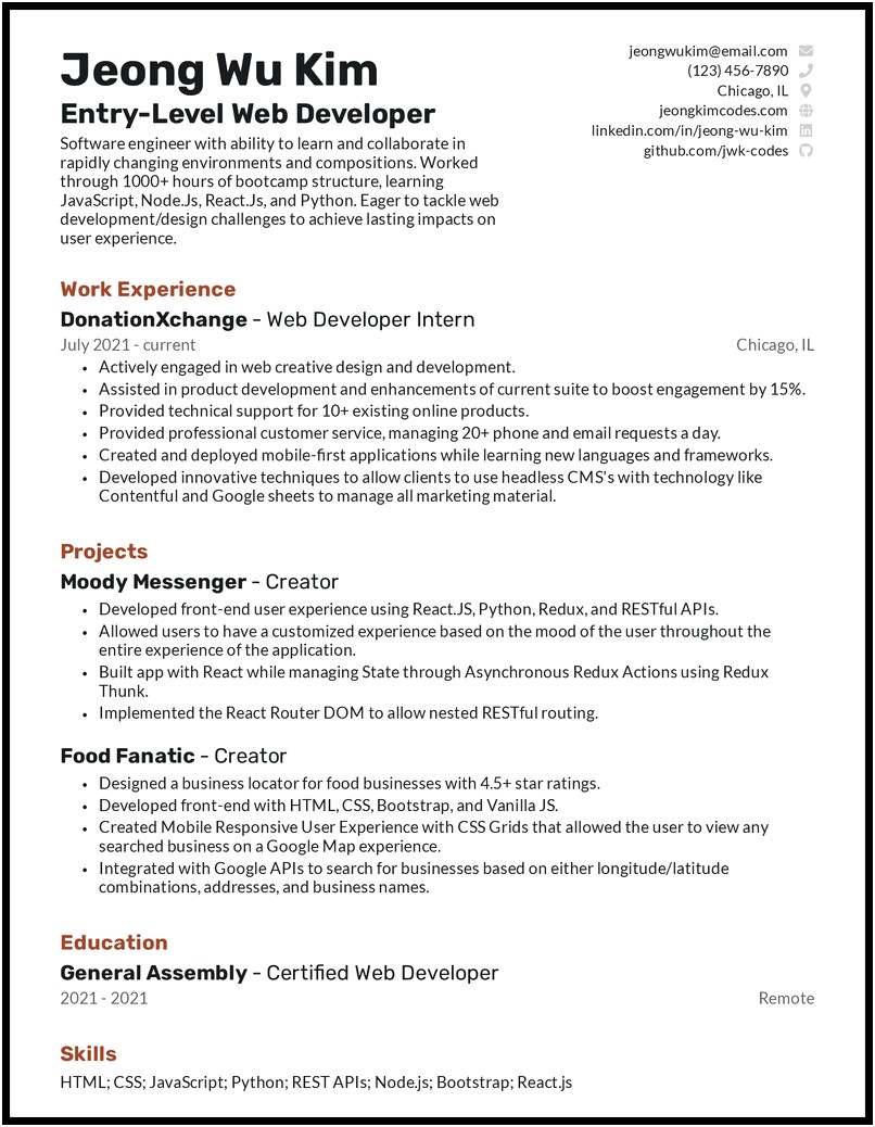 Best Template For Web Developer Resume For Begniner