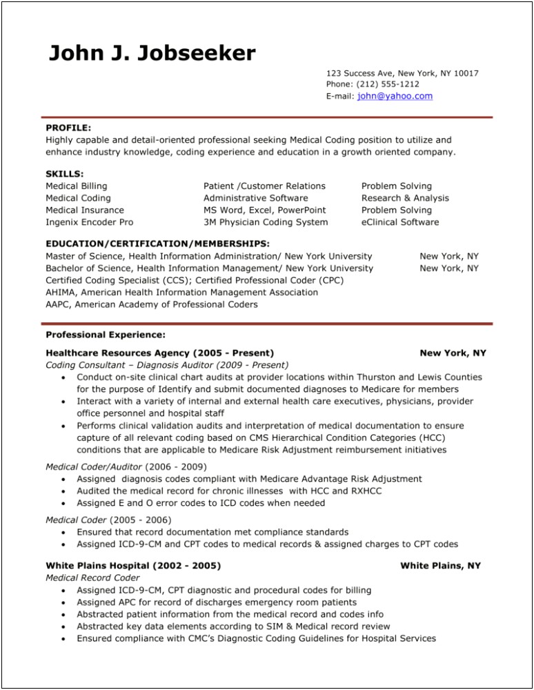Billing And Coding Description For Resume